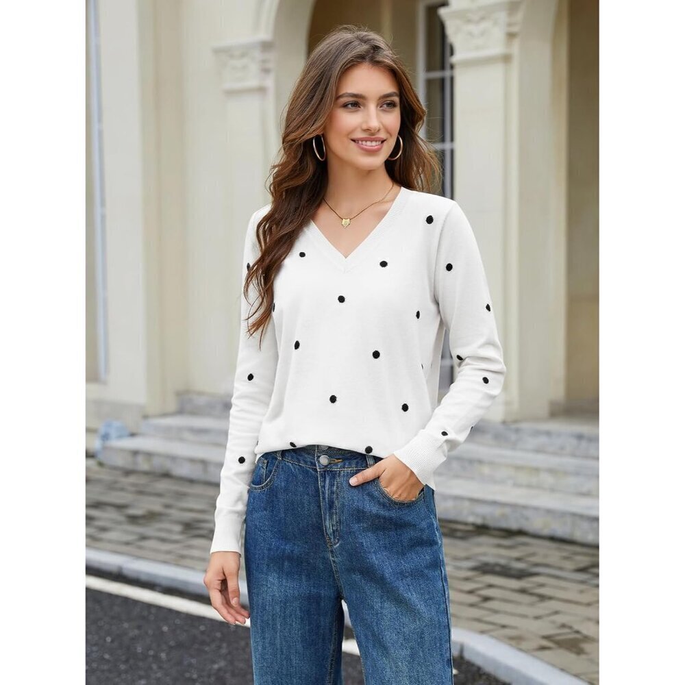 Women Sweaters Polka Dot V-Neck Long Sleeve Lightweight Knit Casual - Picture 2 of 6